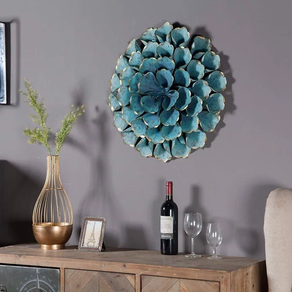 Distressed Teal Blue Metal Flowered Wall Art 3D Hanging Flower Sculpture Metallic Gold Accents Living Room Bedroom Home Decor, 2