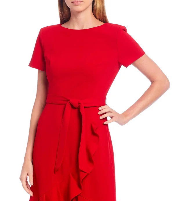 Calvin Klein Women's Ruffle Hem Belted Dress, Cream, 8