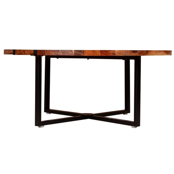 36 Inches Round Wooden Top Coffee Table with Metal Base, Brown and Black, Saltoro Sherpi