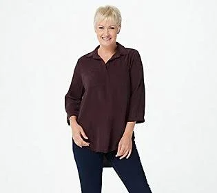 Side Stitch Tencerca Pull-Over Tunic with Roll Tab Sleeves, Size Medium, Plum