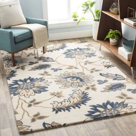 Charlton Home Defelice Floral Hand-Tufted Wool Beige/Blue Area Rug - Size: Rectangle 5' x 8'