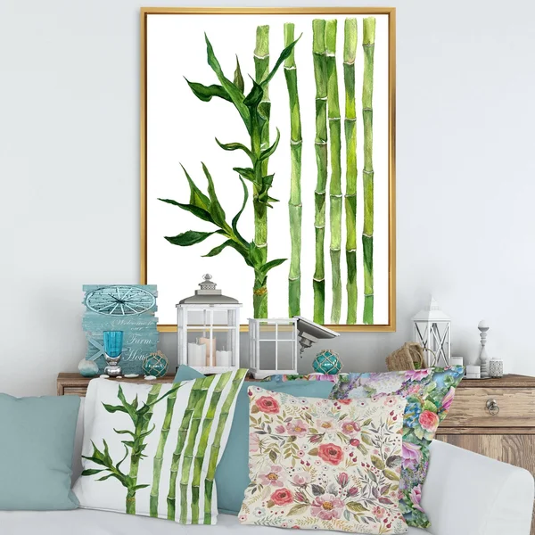 Designart 'Bamboo Branches in The Forest III' Tropical Framed Canvas Wall Art Print - 16 in. Wide x 32 in. High - Gold