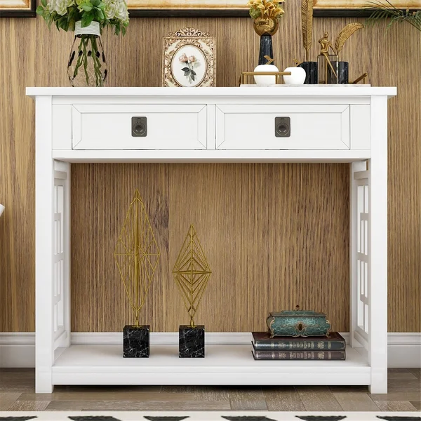 Console Table with 2 Drawers and Bottom Shelf (White)
