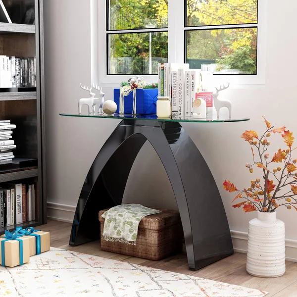 Furniture of America Crescendo Modern Glass Top Sofa Table - Black High Gloss