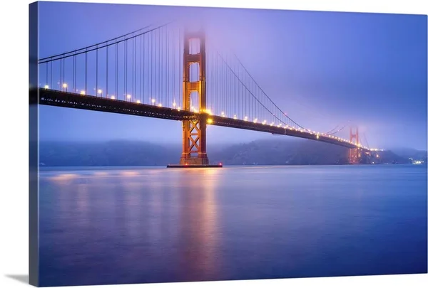 Golden Gate Bridge in San Francisco at Dusk - Bridge Lights Light Up Low Fog., Canvas Wall Art, 30x20, Great Big Canvas