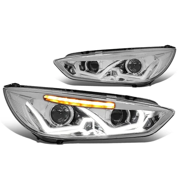 DNA Motoring for 15-17 Ford Focus Dual Halo LED DRL Light Bar+Turn Signal Projector Headlight Chrome Housing Clear Corner Headla