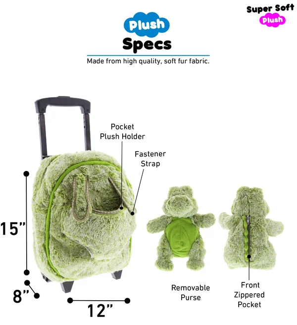 Dollibu Alligator Plush Trolley & Purse Set - 3-in-1 Kids Trolley, Backpack & Green Alligator Purse, Plush Backpack on W
