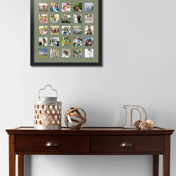 Collage Picture Frame - Satin Black Frame with 25 openings for 3x3 Photos with Green Basil Mat. D3926GK2093, ArtToFrames