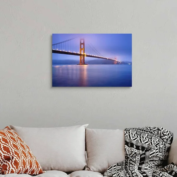 Golden Gate Bridge in San Francisco at Dusk - Bridge Lights Light Up Low Fog., Canvas Wall Art, 30x20, Great Big Canvas