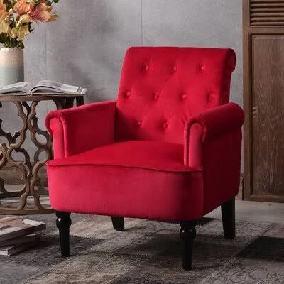 Elegant Button Tufted Accent Armchairs Roll Arm Living Room Cushion with Wooden Legs Alcott Hill Fabric: Deep Burgundy Velvet