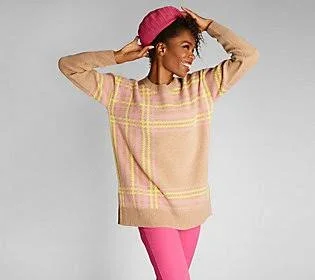 Isaac Mizrahi Live! Always Isaac Plaid Cashmere Sweater - Size Small, Cappuccino