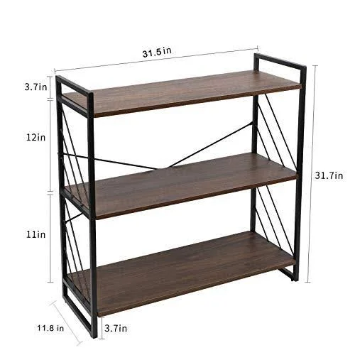 NOZE 3 Tier Industrial Bookshelf, Storage Rack Shelf for Home and Office, Rustic Bookcase, Walnut