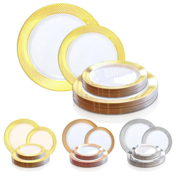 Crystal 7.5x22 Ivory with Gold Diamond Rim Disposable Plastic Salad Plates - Posh Party Supplies