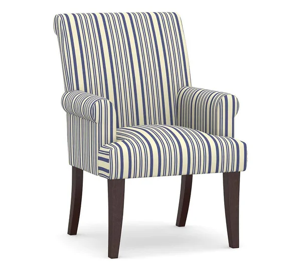 PB Comfort Roll Upholstered Dining Arm Chair - Espresso Frame, Antique Stripe Blue