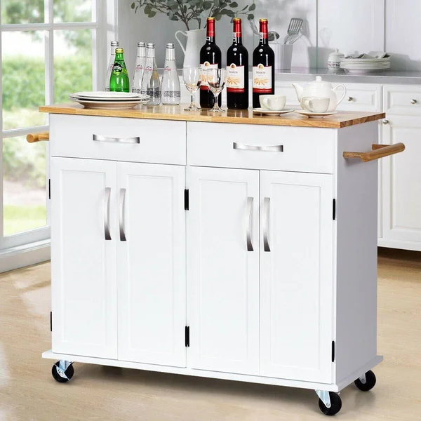 Costway Kitchen Trolley Island Utility Cart Wood Top Rolling Storage - White
