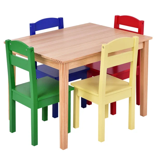 5 Pcs Kids Pine Wood Multicolor Table Chair Set