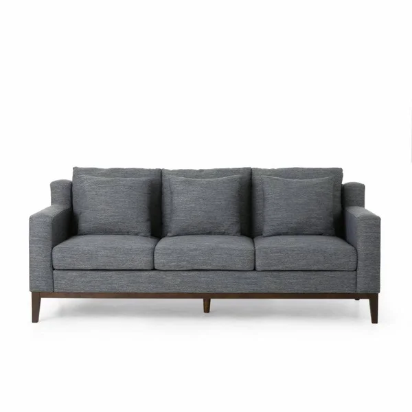 Noble House Ovando Fabric 3 Seater Sofa with Accent Pillows, Charcoal and Dark Walnut, Gray
