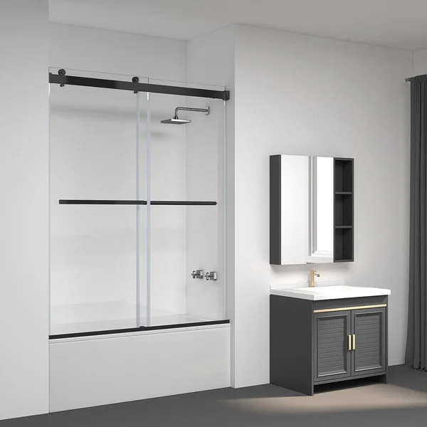 Vinnova Spezia Double Sliding Frameless Tub DOOR - Matte Black, 60x22 W x 58x22 H