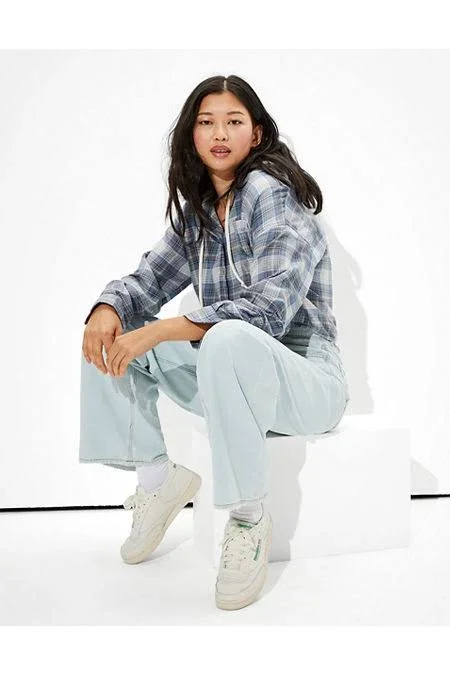 Ae Cropped Hooded Flannel Shirt Women's Blue Xxs