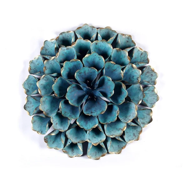 Distressed Teal Blue Metal Flowered Wall Art 3D Hanging Flower Sculpture Metallic Gold Accents Living Room Bedroom Home Decor, 2