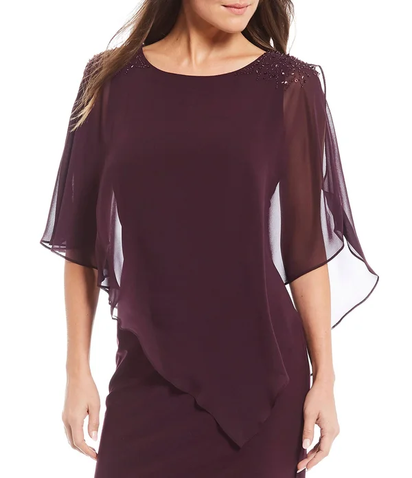 Ignite Evenings Chiffon Asymmetric Overlay Beaded Shoulder Detail Round Neck Sheath Dress - 6