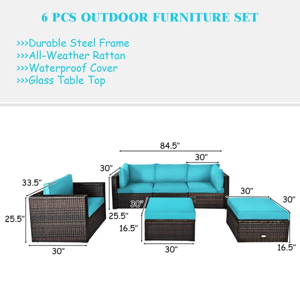 Costway 6-Piece PE Rattan Outdoor Sectional Set with Turquoise Cushions