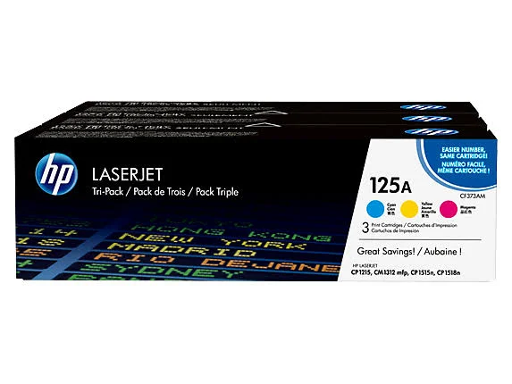 HP Color LaserJet CP1215 Toner Cartridges - HP 125A 3-Pack Cyan/Magenta/Yellow Original LaserJet Toner Cartridges, CE259A