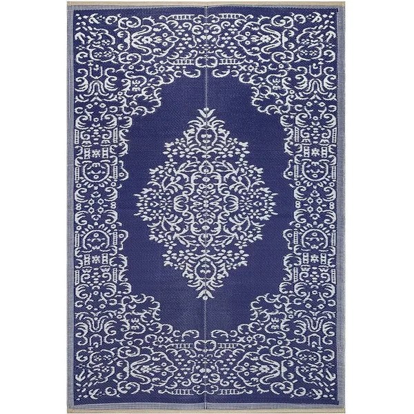 Lightweight Indoor Outdoor Reversible Plastic Area Rug - Medallion Oriental Design (Medallion-Black-White 6 x 9)