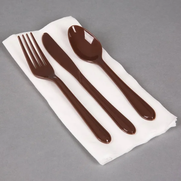 Hoffmaster 119975 CaterWrap 17x22 x 17x22 Pre-Rolled Earthtone Linen-Like White Napkin and Brown Heavy Weight Plastic Cutlery Se