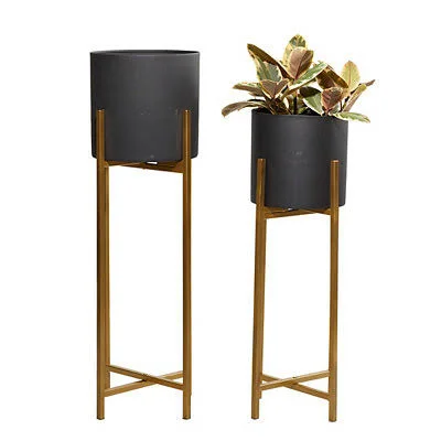 Matte Black Metal Planters with Stands, Set of 2