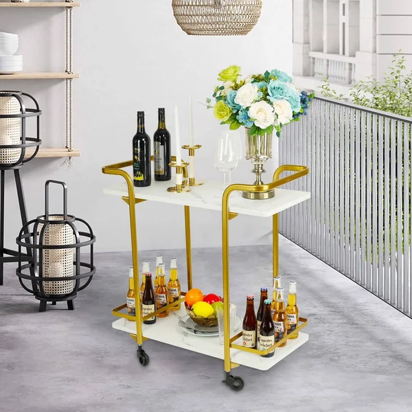 2 Tier Bar Cart with Black Wheels - Golden