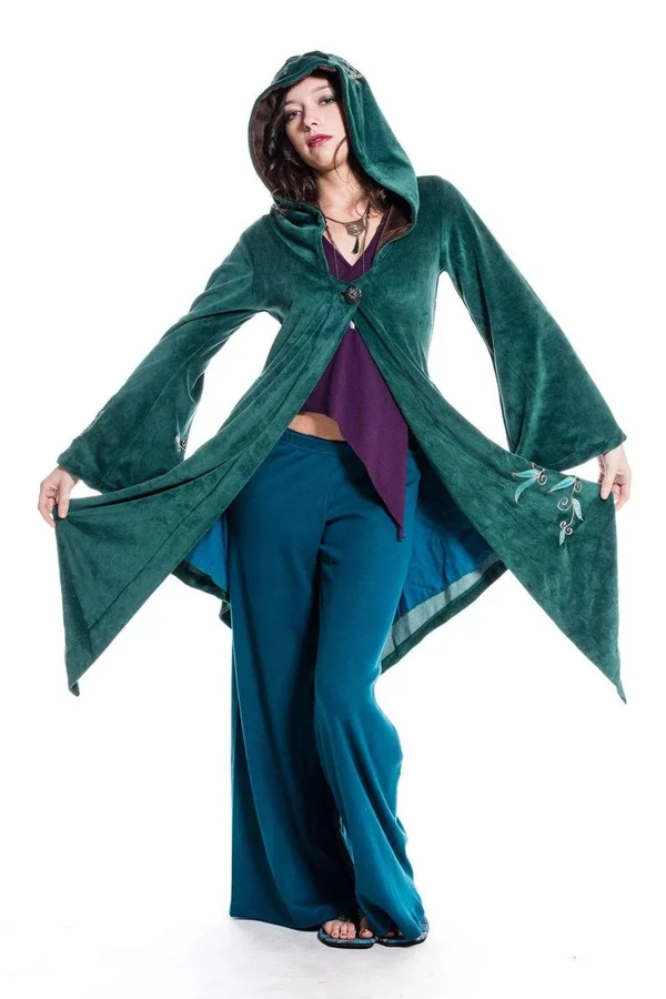 Faery Goddess Coat, Long Velvet Boho Jacket, Hippie Pixie Goa Psy Trance Fairy Cosplay Festival Clothing, Plus Size Faerie
