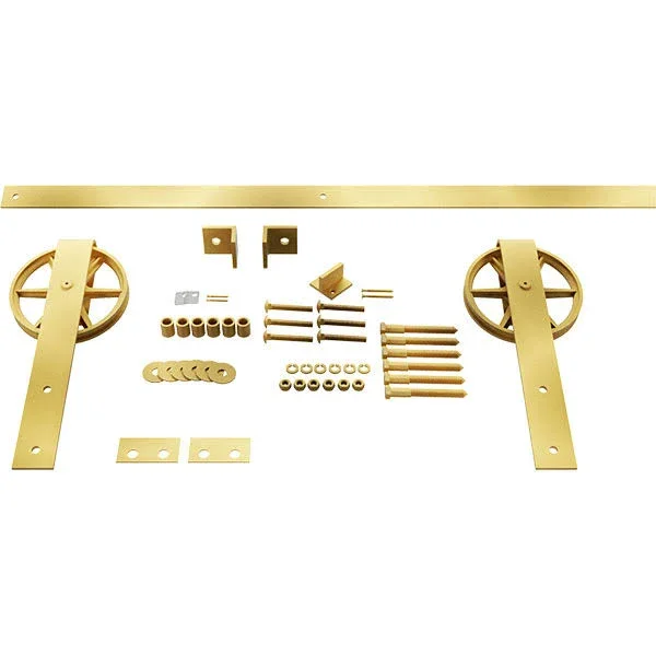Premium Wagon Wheel Strap Barn Door Hardware Set w/ 5& 4x22 Track for 1 3/8x22 Doors - Jacob&s Gold