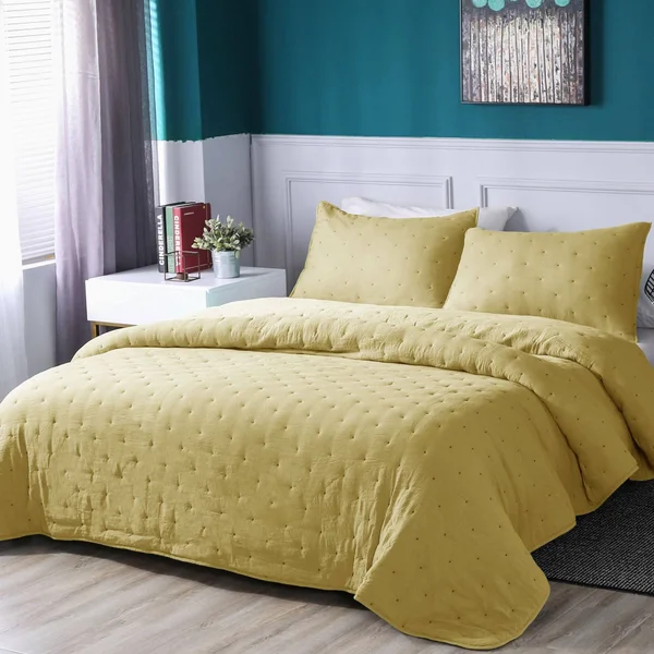 Kasentex Nostalgic Dot Stitch Stone Washed Designer Quilt Set with Pillow Shams Queen - Yellow