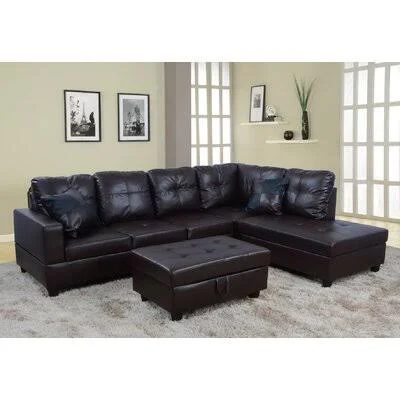 Wilhelmine 103.5x22 Wide Faux Leather Sofa & Chaise with Ottoman Ebern Designs Leather Type: Dark Brown Faux Leather, Orient
