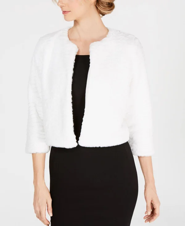 Calvin Klein Women's 3/4 Sleeve Faux-Fur Shrug, Natural