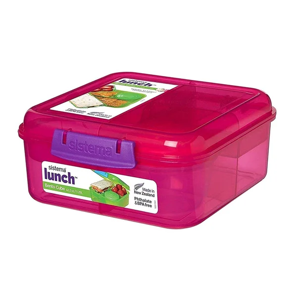 Sistema Lunch Collection Bento Cube, Solid Assorted Colors with Contrasting Klips, 7.28 x 6.61 x 3.03
