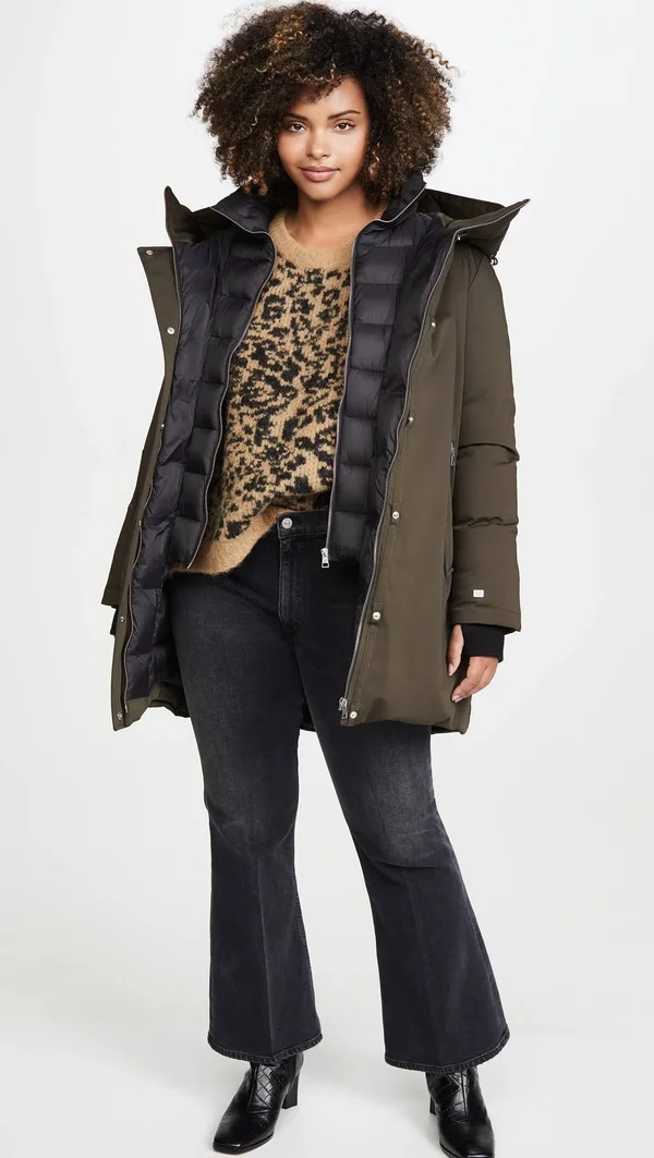 Soiau0026Kyo Belina Mid-Length Classic Down Coat with Puffy Bib - L, Army
