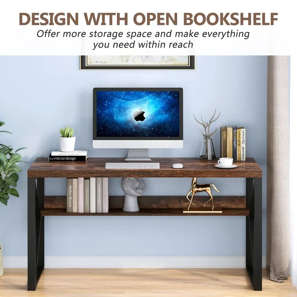 Faux Wood Computer Desk with Shelf - 55 inch Study Writing Table Workstation, Rustic Brown