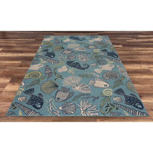 Gad Premium Indoor Outdoor Contemporary Ocean Marine Life Area Rug (7&10 inchx 10&2 inch) Teal, Beige, Green & Navy Blue Coa