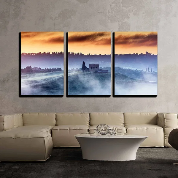 Wall26 - 3 Piece Canvas Wall Art - A Villa on The Top of The Hill in A Misty Sunrise - Modern Home Decor Stretched and Framed Re