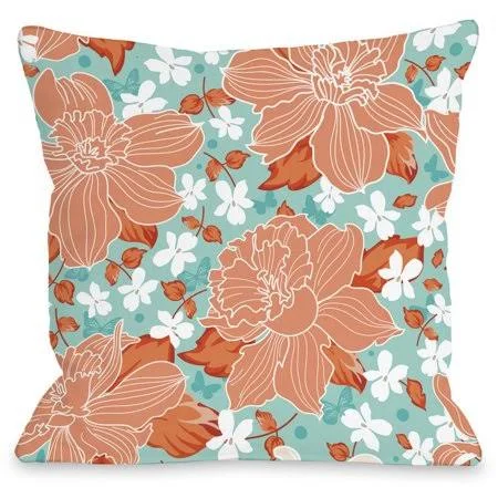 Exotic Flowers Outdoor Throw Pillow by OneBellaCasa, Turquoise, 26 inchx26 inch, Size: 26 inch x 26 inch, Blue