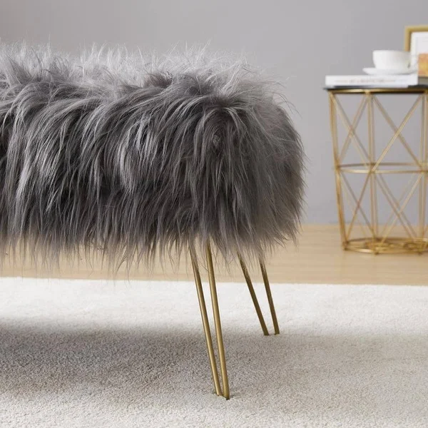 Silver Orchid Nilsson Contemporary Faux Fur Long Bench Ottoman - Grey