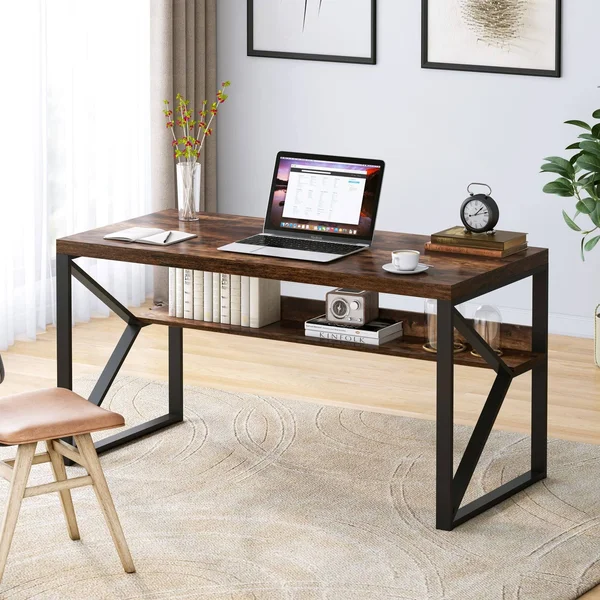 Faux Wood Computer Desk with Shelf - 55 inch Study Writing Table Workstation, Rustic Brown
