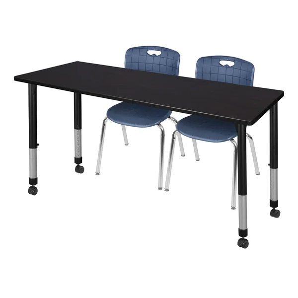Regency Kee 72x22 x 24x22 Height Adjustable Mobile Classroom Table - Mocha Walnut & 2 Andy 18-in Stack Chairs- Navy Blue