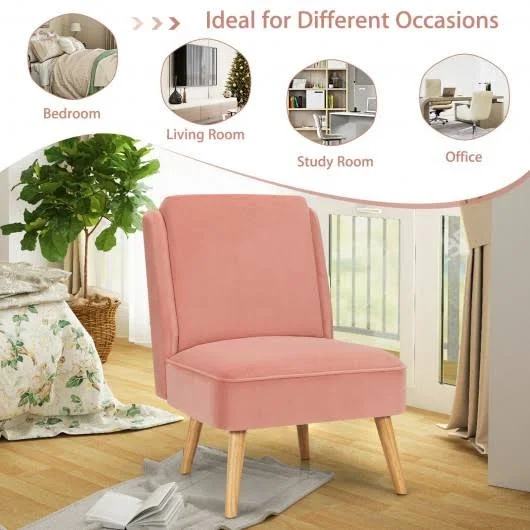 Velvet Accent Chair with Rubber Wood Legs for Living Room-Pink - Costway