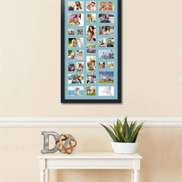 Collage Picture Frame, Satin Black Frame with 28 openings for 4x5 Photos with French Blue Mat. D3926FB561, ArtToFrames