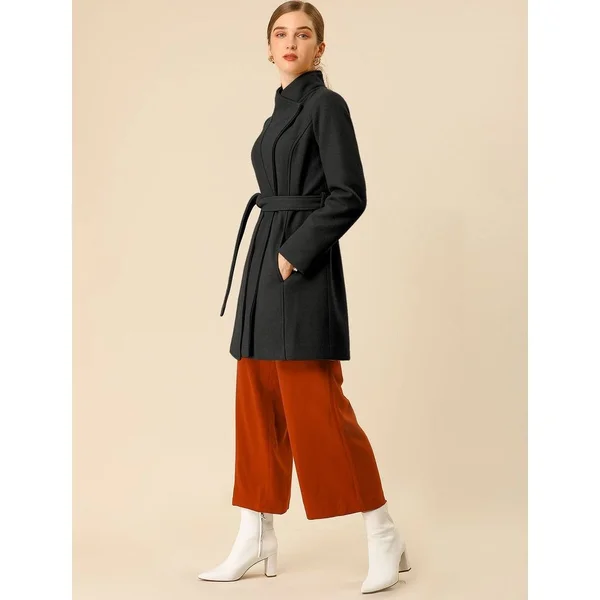 Women's Stand Collar Winter Belted Long Coat - Fuchsia - Xs