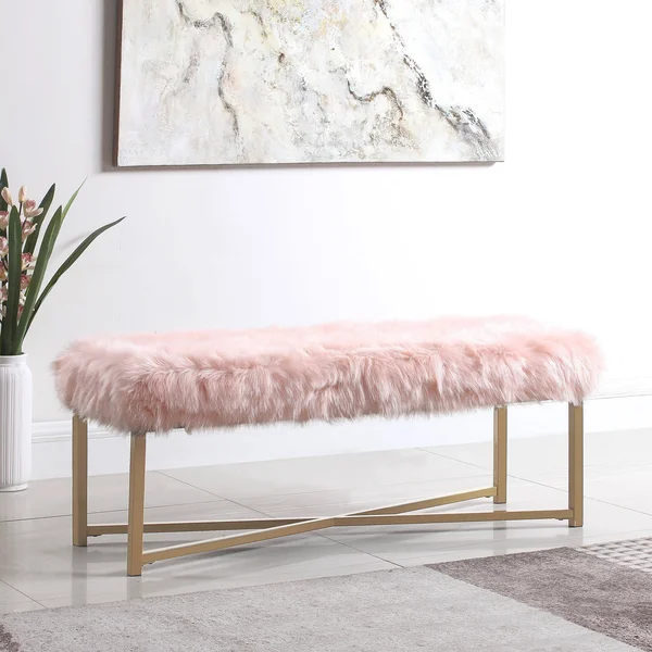 HomePop Faux Fur Rectangle Bench - Pink