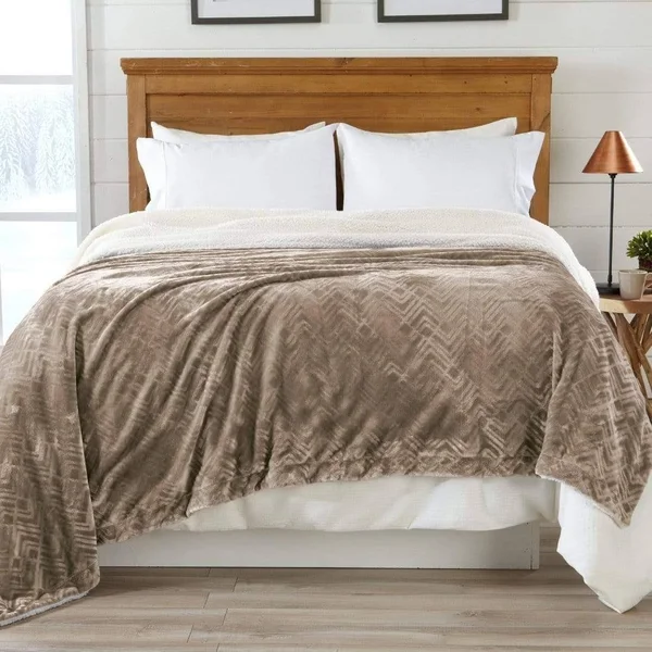 Velvet Plush Sherpa Luxury Bed Blanket - Berber Collection, Full, Queen, Taupe by Great Bay Home